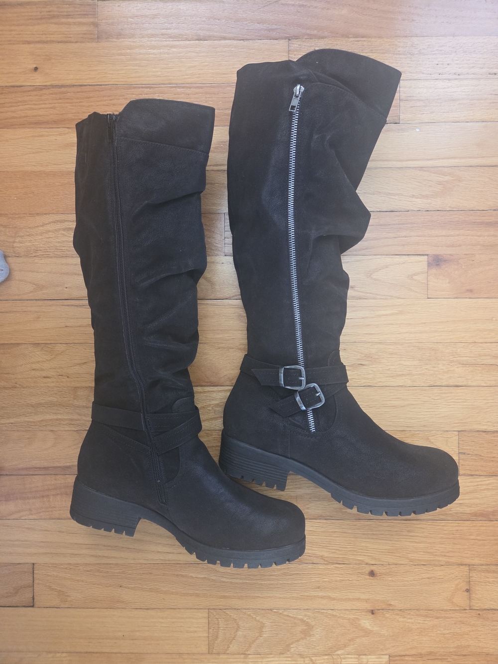 Black Knee-High Buckle Zip Slouchy Suede Boots Size 11